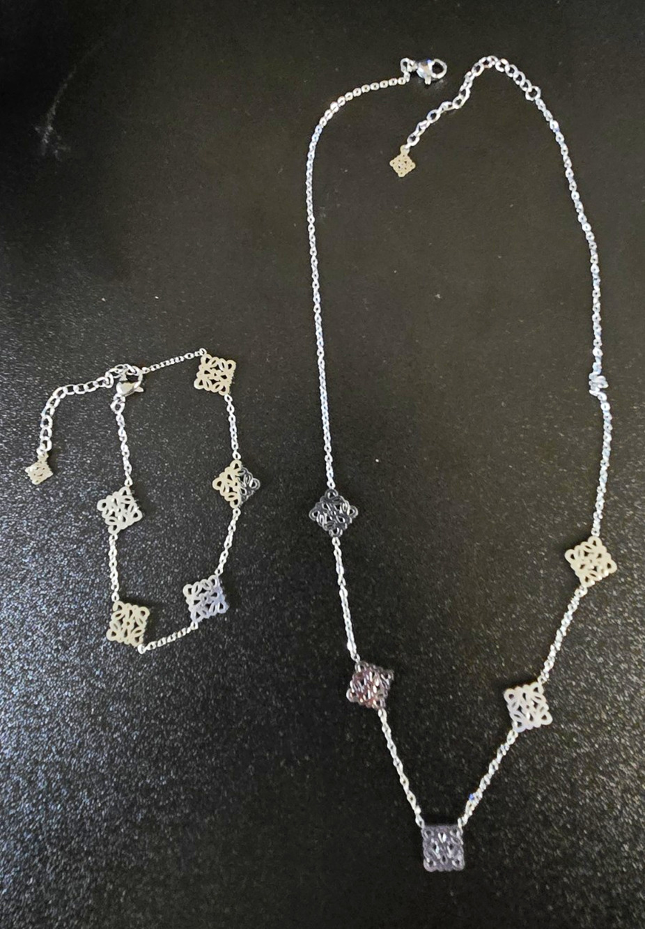 Silver Tone Filigree Square Link Necklace & Bracelet Set Adjustable No Stone